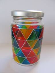 Handpainted Upcycled Glass Jars, Hand Painted in Geometric, Mosaic, Triangle Shapes Rainbow Colours - thumbnail 2
