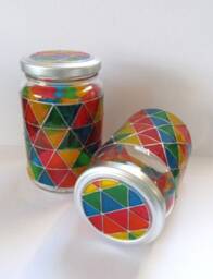 Handpainted Upcycled Glass Jars, Hand Painted in Geometric, Mosaic, Triangle Shapes Rainbow Colours