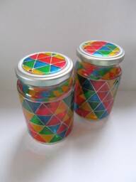Handpainted Upcycled Glass Jars, Hand Painted in Geometric, Mosaic, Triangle Shapes Rainbow Colours - thumbnail 4