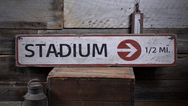 stadium Arrow Mileage Wood Sign, Personalized Entrance Location Name Distance Wall Decor - Rustic Hand Made Vintage Wooden Sign - image 1