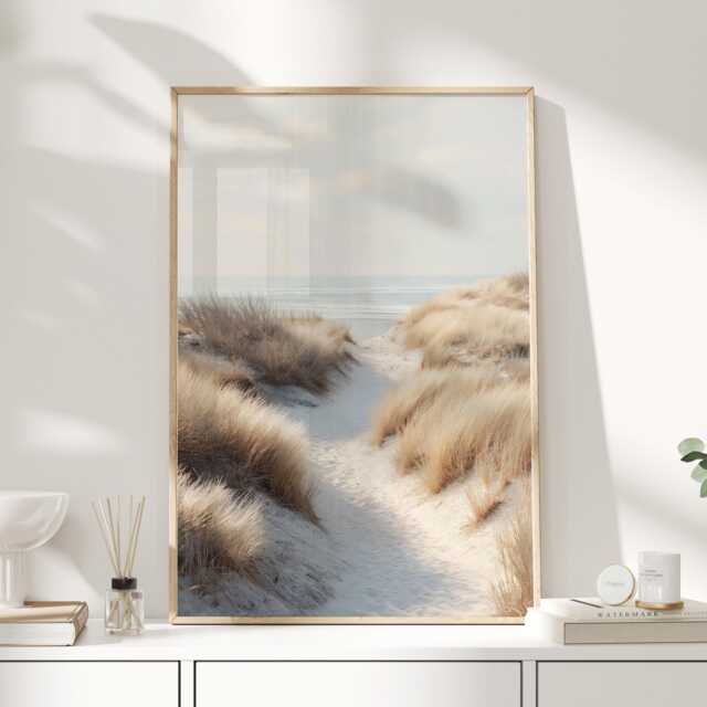 Soft Coastal Dunes Landscape Print Neutral Beach Path Wall Art Calm Minimal Seascape Photograph - image 1