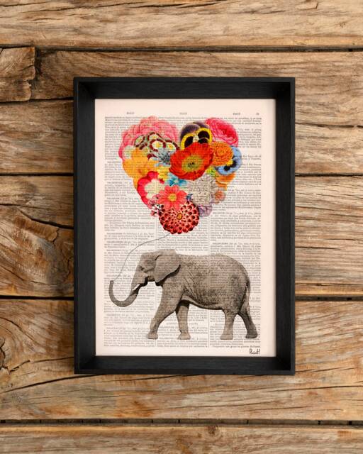 Elephant Flower Balloon Art Print - Whimsical Nature Lover Gift Vintage Dictionary Page Nursery Decor - image 1