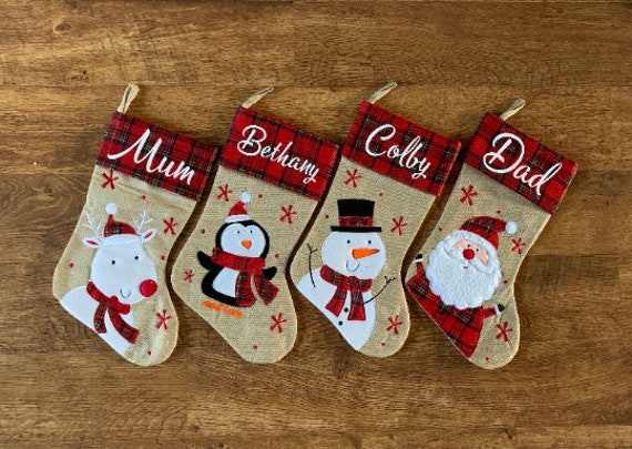 Personalised Christmas Stockings. Red Tartan Hessian Stocking. Name Santa, Reindeer, Penguin Stockings, Gingham - image 1