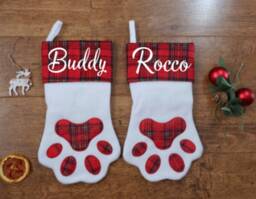 Personalised Christmas Stockings. Red Tartan Hessian Stocking. Name Santa, Reindeer, Penguin Stockings, Gingham - thumbnail 2