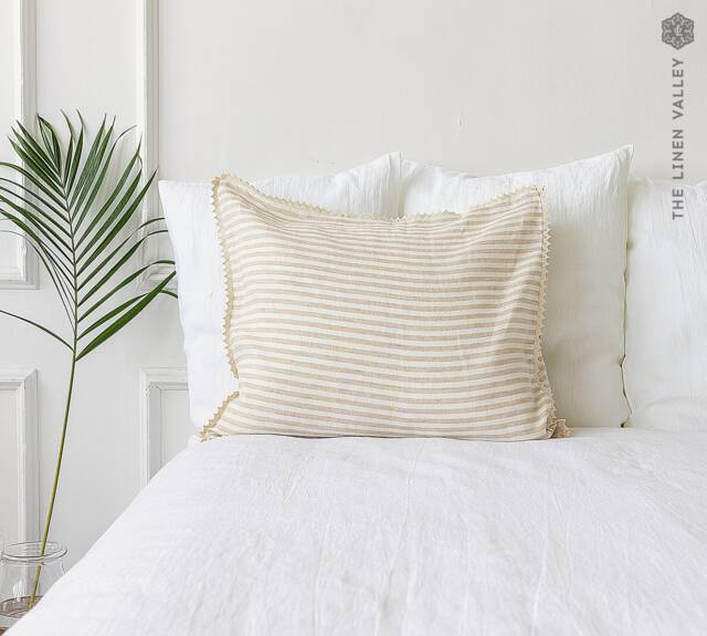 Striped Linen Pillow Case With Lace - Off White Pillow- Housewife Standard, Queen, King Sizes- Pinstriped - image 1