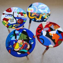 Hand-Painted Resin Side Coffee Tables, Colorful Abstract Pop Art Accent Tables - thumbnail 2