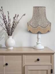 Handcrafted William Morris Willow Bough Fabric Lampshade Grey Braid, Cream Fringe, Handmade in The UK By British Artisans