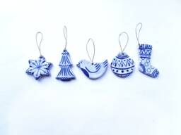 Handmade Ceramic Christmas Ornaments Blue & White Scandinavian Decor, Set Of 5 - thumbnail 1