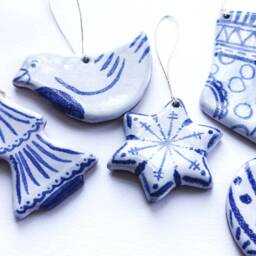 Handmade Ceramic Christmas Ornaments Blue & White Scandinavian Decor, Set Of 5 - thumbnail 3