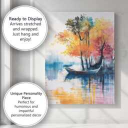 Colourful Autumn Lakeside Boat Reflection Landscape Canvas Wall Art Print Decor Picture Ready To Hang - thumbnail 3