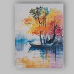 Colourful Autumn Lakeside Boat Reflection Landscape Canvas Wall Art Print Decor Picture Ready To Hang - thumbnail 1