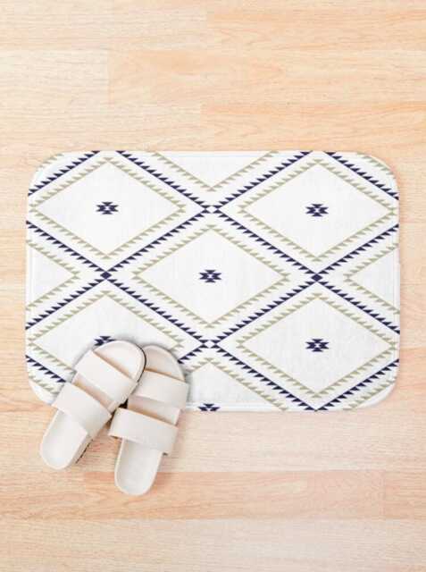 Plush Bath Mat, Southwestern Geometric, White Navy Beige, Desert Cowboy Rug, Western Bathroom Decor, Modern Boho Rug - image 1