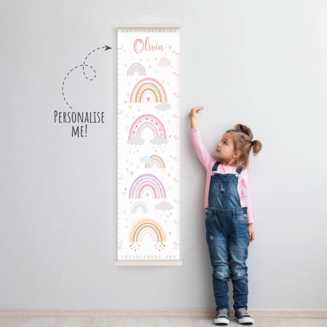 Personalised Height Chart Custom Name Growth Rainbows Kids Measurement New Baby Shower Christening Gift Girl Canvas Print Wall Hanging - image 1