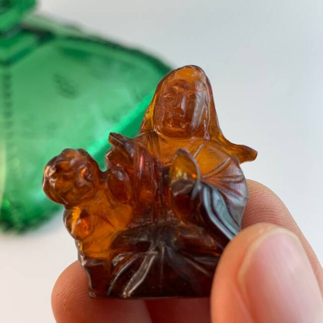 Vintage Hand Carved Amber Kwan Yin Charm Goddess Of Mercy - image 1