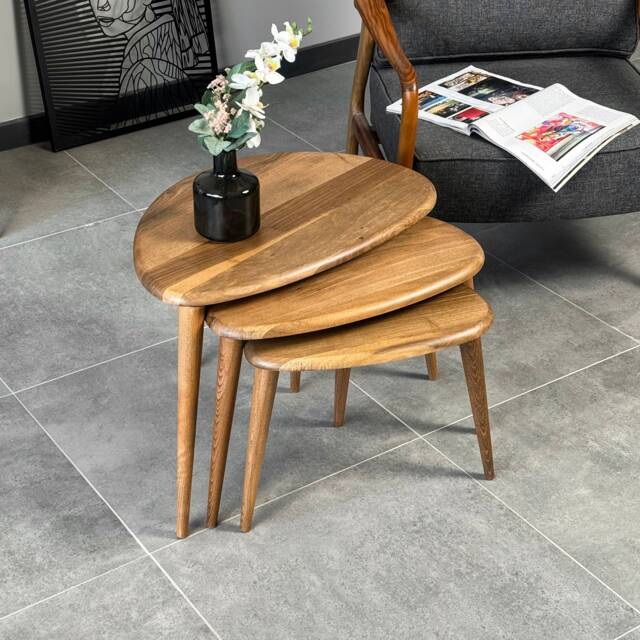 Walnut Nesting Coffee Table Set Mid-Century Modern Side Tables For Living Room - image 1