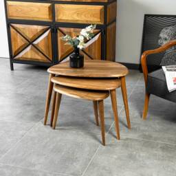 Walnut Nesting Coffee Table Set Mid-Century Modern Side Tables For Living Room - thumbnail 2