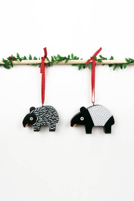 Malayan Tapir Christmas Ornament Hand-Painted Wooden Animal Baubles, Set Of 2 - image 1