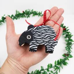 Malayan Tapir Christmas Ornament Hand-Painted Wooden Animal Baubles, Set Of 2 - thumbnail 3