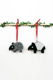 Malayan Tapir Christmas Ornament Hand-Painted Wooden Animal Baubles, Set Of 2 - thumbnail 1