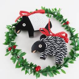 Malayan Tapir Christmas Ornament Hand-Painted Wooden Animal Baubles, Set Of 2 - thumbnail 2