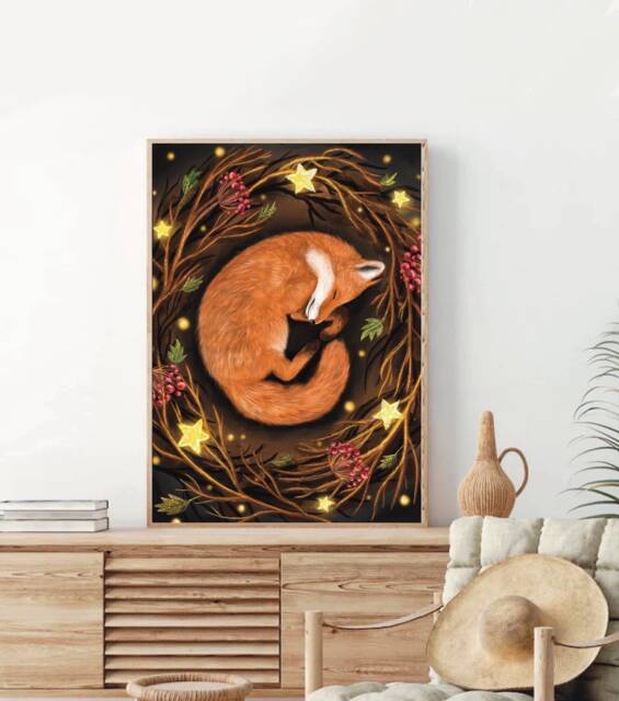 A2 A3 Large Sleeping Fox Art Print - Fantasy Art Poster Enchanted Night Woodlands Forest Fox Painting - image 1