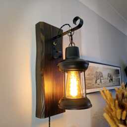 Wooden Wall Light - Dimmable Plug in Rustic Oak Industrial Sconce - thumbnail 3