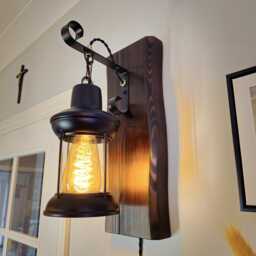 Wooden Wall Light - Dimmable Plug in Rustic Oak Industrial Sconce - thumbnail 2