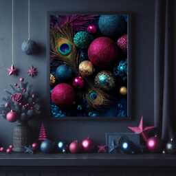 Teal Peacock Christmas Wall Art Print - Luxury Maximalist Xmas