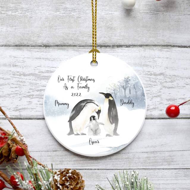 Personalised Penguin Family Christmas Ornament Ceramic Bauble - image 1