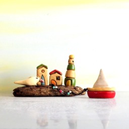 Driftwood Beach Art, Miniature Ceramic Lighthouse & Houses Sculpture - thumbnail 1
