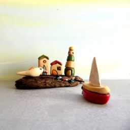 Driftwood Beach Art, Miniature Ceramic Lighthouse & Houses Sculpture - thumbnail 3