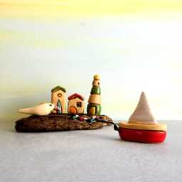 Driftwood Beach Art, Miniature Ceramic Lighthouse & Houses Sculpture - thumbnail 2