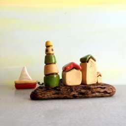 Driftwood Beach Art, Miniature Ceramic Lighthouse & Houses Sculpture - thumbnail 4