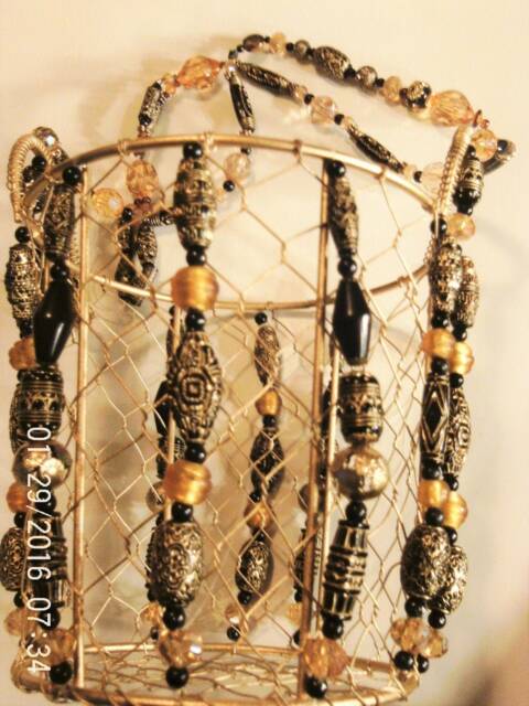 Handmade Plant Hanger/Planter/Sun Catcher Hanging Beaded Golden Wire Basket Adjustable Lengths Gift - image 1