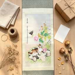 Woven Brocade Wall Scroll - Cat Butterfly Longevity Art Silk Hanging Painting Home Decor - thumbnail 2