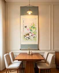Woven Brocade Wall Scroll - Cat Butterfly Longevity Art Silk Hanging Painting Home Decor
