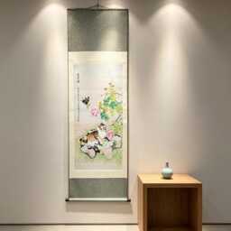 Woven Brocade Wall Scroll - Cat Butterfly Longevity Art Silk Hanging Painting Home Decor - thumbnail 4