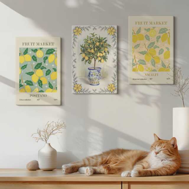 Canvas Art Set Of 3 - Citrus Tree & Fruit Italian Posters, Yellow Wall Art, Plants Flowers Hanging Piece - image 1