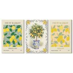 Canvas Art Set Of 3 - Citrus Tree & Fruit Italian Posters, Yellow Wall Art, Plants Flowers Hanging Piece - thumbnail 3