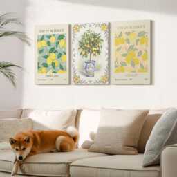 Canvas Art Set Of 3 - Citrus Tree & Fruit Italian Posters, Yellow Wall Art, Plants Flowers Hanging Piece - thumbnail 2
