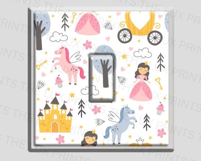 Princess & Unicorn Light Switch Sticker Decal Kids Bed Room Girl's Decor Nursery New Born Home Wall Decoration Bright Colours Floral Theme