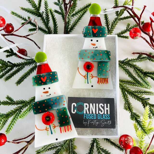 Beautiful Fused Glass Snowman With Poppy Decoration - Fused Christmas Decoration, Snowman Cornish Glass - image 1