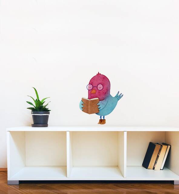 Bird Learning To Read Wall Sticker Decal - Kids Stickers, Animals Childrens Decals, Art, Room, Girl, Boy