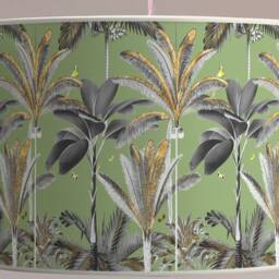 Tropical Luxe Lampshade - Golden & Green Palm Tree Design On Olive Background, Modern Elegant Home Lighting - thumbnail 3