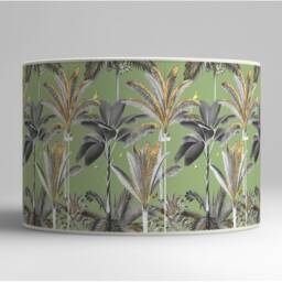 Tropical Luxe Lampshade - Golden & Green Palm Tree Design On Olive Background, Modern Elegant Home Lighting - thumbnail 2