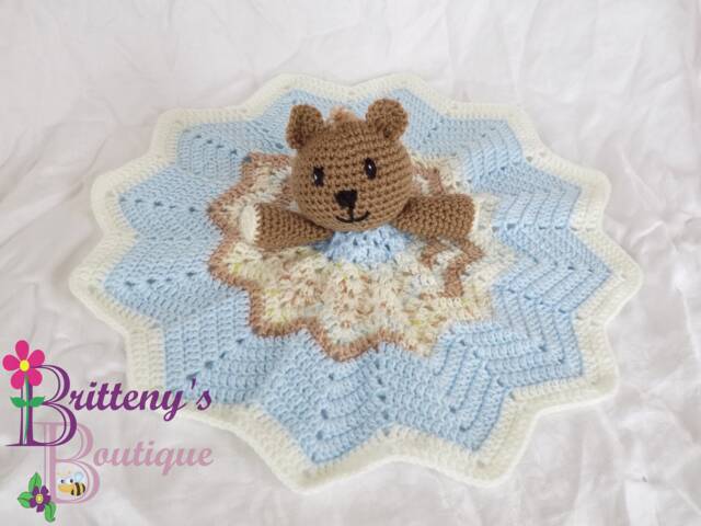 Baby Blue Boy Teddy Bear Lovey Security Blanket Crochet Cuddle Snuggle - image 1