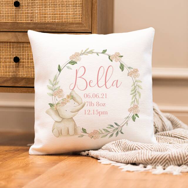 Personalised New Baby Cushion - Elephant Nursery Girl's Girl Gift