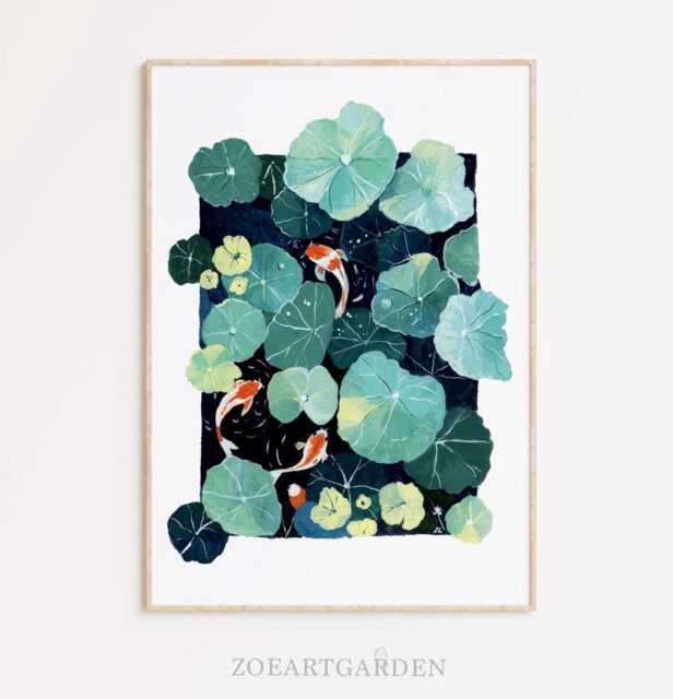 Zen Koi Fish Art Print Lotus Pond Gouache Painting Calm Nature Wall Decor - image 1