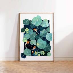 Zen Koi Fish Art Print Lotus Pond Gouache Painting Calm Nature Wall Decor - thumbnail 2