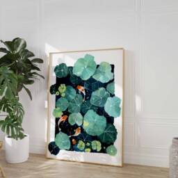 Zen Koi Fish Art Print Lotus Pond Gouache Painting Calm Nature Wall Decor - thumbnail 3